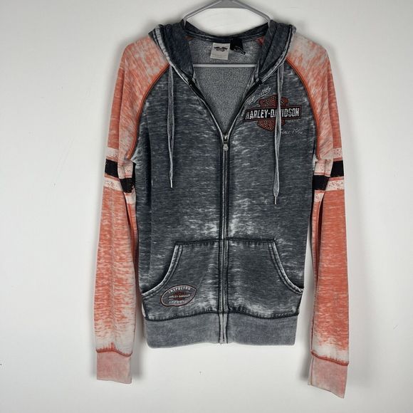 Harley-Davidson Tops - Harley Davidson Gray Hooded Zip-Up Jacket with Rhinestones Women's 2000 Y2K M